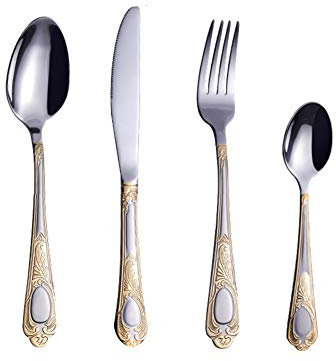 16-teiliges Besteckset aus Edelstahl für 4 Personen, inklusive Messer, Löffel und Gabel, hochglanzpoliert und spülmaschinenfest, vergoldet, für Zuhause oder das Hotel, Silber (Silber) (Gold, Silber)