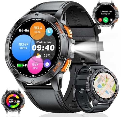 HIRREO GPS Men Smart Watch with Compass LED Flashlight 1.43″AMOLED Smartwatch for Men Bluetooth Call for Android iOS 530 mAh Big Battery Male Smart Watch,Heart Rate Health Monitor,2 Watch Strap,Black