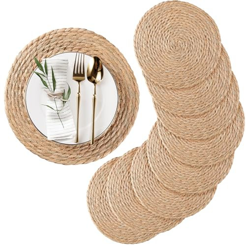 RUNTIVAN Set di 10 tovagliette rotonde in giacinto d'acqua naturale, 30,5 cm, in rattan, tovagliette in vimini, stile bohémien, intrecciate, resistenti al calore, per esterni, patio, tavolo