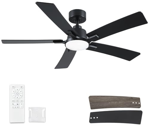 52 Inch Ceiling Fans with Lights and Remote, Black Ceiling Fan, Downrod Style with 5 Blades, Modern Design For Indoor Bedroom Living Room/Outdoor, 6 Speed Reversible DC Motor, 3CCT Dimmable LED