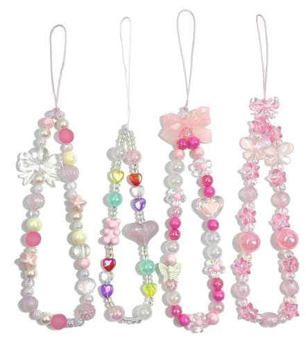 Calkkrer 4PCS Cute Phone Pendant, Beaded Chain, Wrist Strap, Phone Jewellery