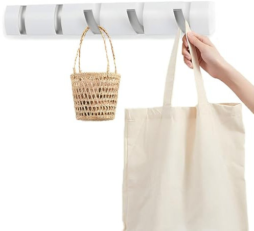 Garderobenleiste mit 5 Haken, Wand Garderobenhaken Weiß, Moderne Garderobenleiste Umklappbaren, Platzsparende, Wandgarderobe, Wandhaken Selbstklebend & Schrauben für Wand, Schlafzimmer, Tür, Bad