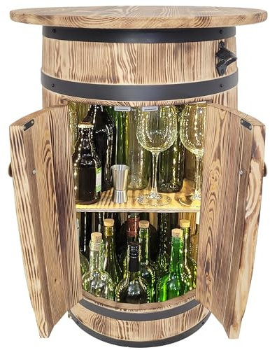 weeco Holzbarfass mit Ablage und LED-Beleuchtung für Alkohol und Gläser – rustikaler Stil, mit Türen und Flaschenöffner, handgefertigt aus Kiefernholz 80x55x40