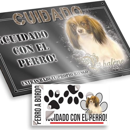 Phalène Cartel Cuidado con el Perro 20x12,5cm - Diseño Antracita en Dibond con Pegatina Coche 20x5cm - En Español