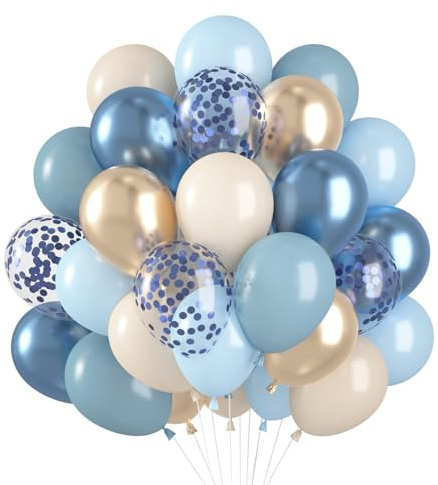 Luftballons Blau Gold 60 Stück, Blaue Luftballons Hellblau Helium Ballons Blau Beige Gold Konfetti Latex Ballons, Blaue Ballon Metallic für Jungen Geburtstag Babyparty Taufe Hochzeit Party Dekoration
