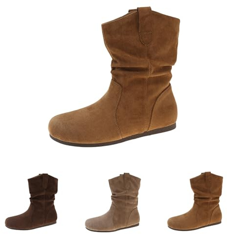Bottes en cuir velours pour femmes, bottines plates - Bottines pour femmes automne sans talon, bottes d'hiver à tige courte, bottes de cowboy, bout rond, bottes enfilables, bottes confortables et
