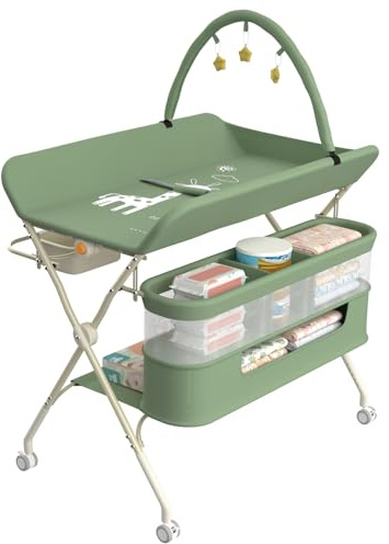 OHMG Table à Langer Portable et Pliable, Plan à Langer,5 Réglable en Hauteur, avec roulettes,Panier Latéral et Tige de Suspension,3 Jouets Étoiles,Jusqu’à 15 kg,Meuble pour Bébé,75x68x83-91cm