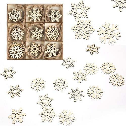 SKDFHOD 45Pcs Holz Schneeflocken, Streu Deko aus Holz, 5cm DIY Weihnachtsschmuck, Vintage Weihnachts Anhänger, Winter Deko, für Bastelarbeiten, mit Sortiertablett