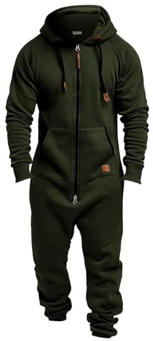 XDFVC Mens Fleece Hooded Jumpsuit One Piece Full Zip Up Sweatshirt Onesies Jogger Sweatsuit Overall Romper Drawstring Lounge