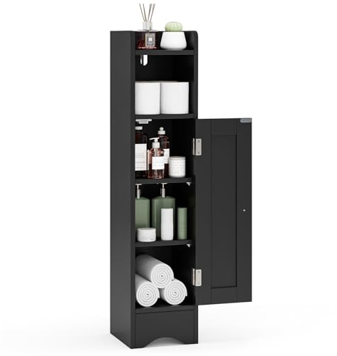 FANTASK Badschrank schmal, Freistehender Toilettenschrank mit offenem Fach & 2 verstellbare Ablagen, Badezimmerschrank für Badezimmer & Wohnzimmer, 18 x 19,5 x 80 cm (Schwarz)