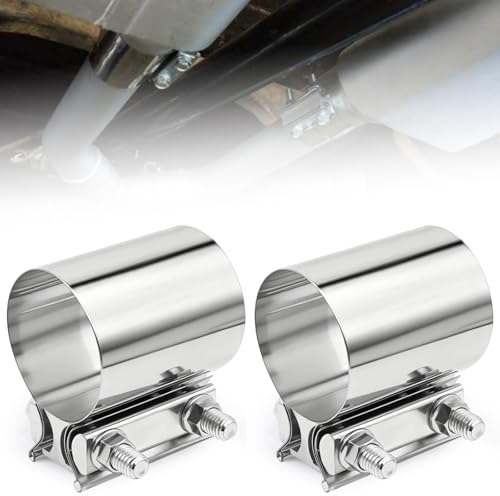 2Pcs Exhaust Clamp 2.5in, Butt Lap Joint Band Clamps 304 Stainless Steel Universal Sleeve Coupler Pipe for Mufflers Pipes Exhaust Systems (Silver)