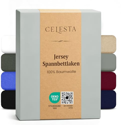 CELESTA Spannbettlaken 100x200cm 100% Baumwolle, Oeko-TEX Zertifiziert Jersey Spannbetttuch 100x200, Matratzenhöhe bis 25 cm für Boxspringbett, Hellgrau