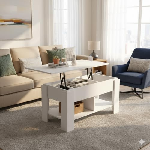 FurnitureR Couchtisch mit Hochklappbarer Tischplatte, Weißer Wohnzimmertisch mit Verstecktem Stauraum und Ablagefächern, 96×50×48.5 cm, Höhenverstellbarer Loungetisch für Wohnzimmer & Büro