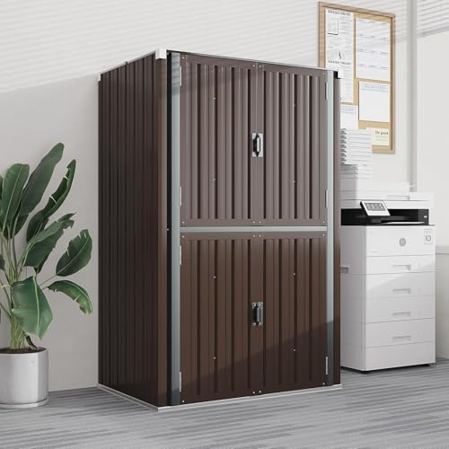 YODOLLA Tall Outdoor Storage Cabinet with Adjustable Shelves, Weatherproof Metal Garage Garden Cupboard-Brown