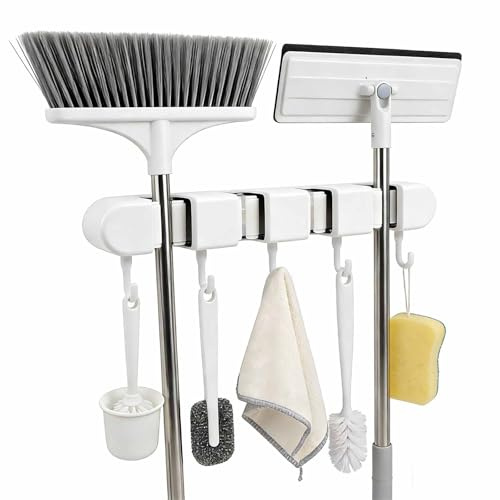 Apradas Broom Mop Holder Wall Mounted, Mop Broom Storage with 4 Holders and 5 Hooks, Self-Adhesive Broom Mop Holder, for Kitchen Bathroom Balcony (White)