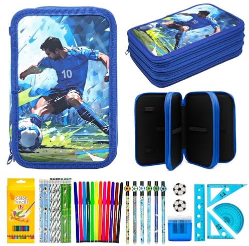 Ronronner 46 piezas estuche escolar para niños – motivo de fútbol | estuche triple compartimento para niños con 24 lápices de colores + rotuladores de acuarela | estuche grande para niños para la