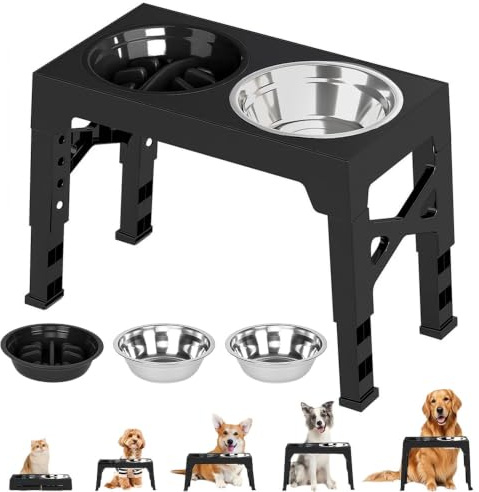 Raised Dog Bowl Stand 5 Heights Adjustable with Slow Feeder Bowl for Pets