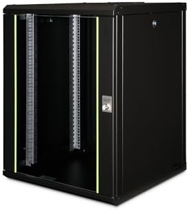 DIGITUS Netzwerk-Schrank 19 zoll 16 HE - Wandmontage - 600 mm Tiefe - Traglast 100 kg - Unique Serie - Glastür - Schwarz