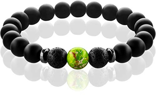 FABACH Chakra Perlenarmbänder mit 8mm Schmuckstein-Perlen, Lavastein und Onyx-Stein (schwarz) - Yoga Armbänder aus Heilsteinen - Energiearmbänder für Damen und Herren