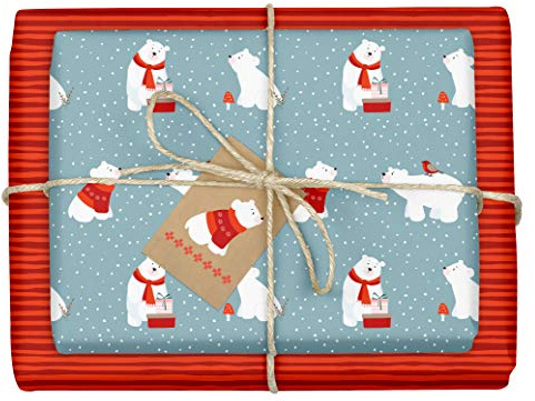 4x Geschenkpapier Weihnachten für Kinder Eisbär: doppelseitige Bögen Weihnachtsgeschenkpapier | DIN A2 (Öko, Recycling-Papier) + 4 x Anhänger im Set | Für Jungen und Mädchen | hellblau, rot