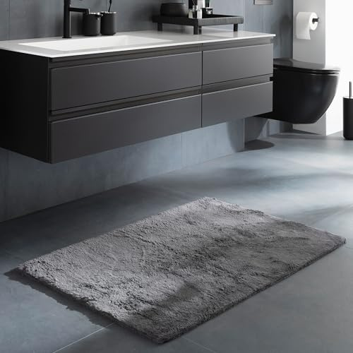 Waschbarer Badezimmerteppich einfarbig - Anthrazit 40 x 60 cm (Rechteckig) | Rutschfester Badteppich Badezimmer Badematte 100% Baumwolle Badvorleger Trockner geeignet Duschvorleger nimmt Nässe auf