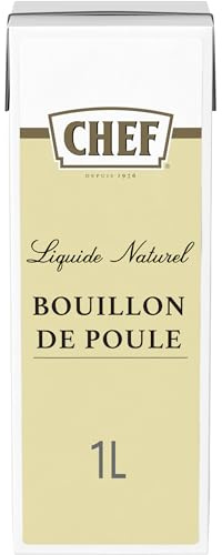 CHEF Bouillon de Poule Naturel Liquide - Prêt-à-l'Emploi - Réalisé avec 840g d'Os de Poule - Ingrédients d'Origine Naturelle - Gain de Temps - Aide Culinaire, Sauce, Fonds, Fumet - Brique de 1L