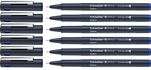 Schneider Pictus Fineliner (Strichstärke 0,3 mm, dokumentenechte Pigmentliner, metallgefasste Spitze, Gehäuse aus 85% recyceltem Kunststoff) 6er Pack, blau