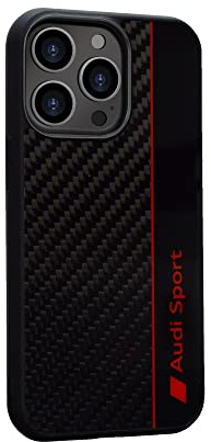Audi Sport Handyhülle - Kompatibel mit iPhone 13 Pro - Stoßabsorbierende Hülle mit Carbon - mit präzisen Aussparungen für Kamera, Anschlüssen & Tasten - Schwarz mit roten Details