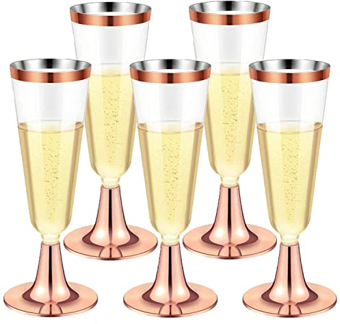 LATERN 30Pcs Plastic Champagne Flutes, 150ml Rose Gold Champagne Glasses Reusable Stemmed Party Wine Cups for Garden Wedding Anniversary Shower Parties (5.5 x 16.5cm)