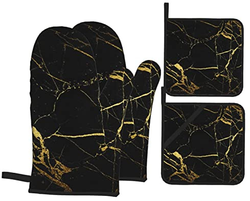 4 Stück Ofenhandschuhe Set Schwarzer Und Goldener Hintergrund Topflappen Set Extra Verdickte Topfhandschuhe Thermoisolierung Topflappen Handschuh Für Die Küche, Zum Grillen, Kochen