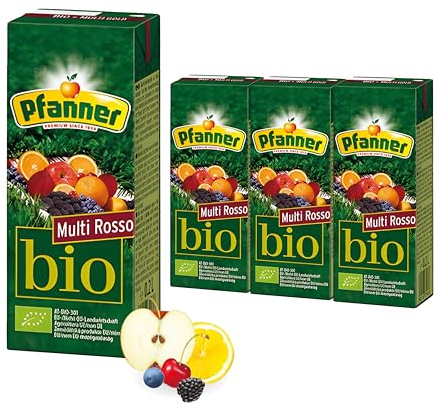 Pfanner 30% Bio Multi Rosso im Vorratspack – Fruchtsaft mit fruchtigem Geschmack – Saft aus Orangen, Zitronen, Äpfel, Brombeeren, Heidelbeeren und Sauerkirschen inkl. Strohhalm (0,2 l x 30)