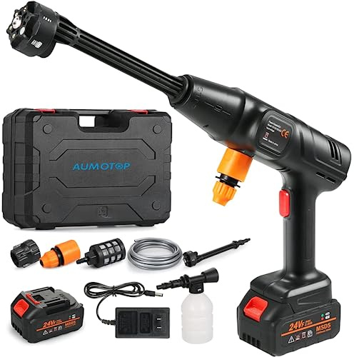 Aumotop Hidrolimpiadora a Batería 50bar 725psi Hidrolimpiadora de Alta Presión Portátil para Auto Coches Jardines 6 en 1 Boquillas Limpiadoras a Presión 80L/h, 5m Manguera, 2 Batería