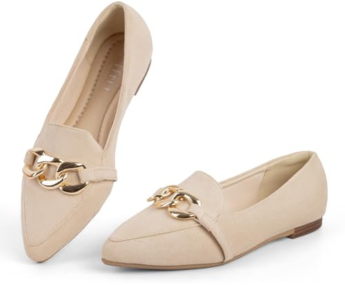 MUSSHOE Women's Loafers Comfortable Pointed Toe Gold Chain Flats for Women,Nude Suede 9.5