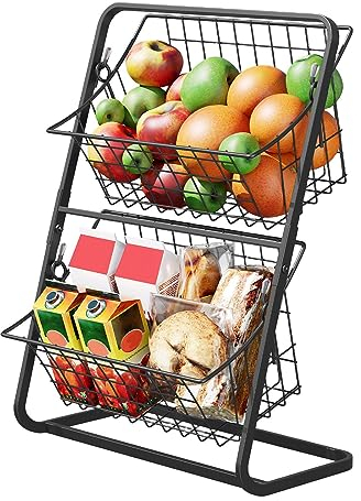 SENZZ Fruit Basket, 2 Tier Fruits Baskets, Countertop Fruits Holder, Metal Bowls for Fruits, Kitchen Countertop Organizer, Fruit Baskets for Kitchens Counter Organizer with Food-Safe Powder Coating