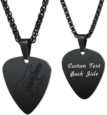 MunkiMix Personalisierte Gitarren Plektrum Halskette für Männer Frauen Coole Charme Felsen Stil Graviert mit Text/Foto Edelstahl Gitarren Anhänger Geschenke für Musikliebhaber