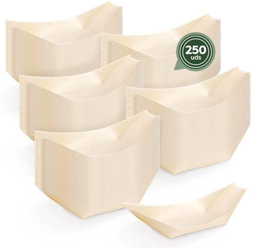 Horeca Collection MAXI PRODUCTS - 250 unidades - Cuencos Desechable Madera - 13 x 8,5 x 2 cm - Cuencos Catering Aperitivos Desechable - Cuenco Cocktail - Barquillas Madera - PRÁCTICO Y APILABLE