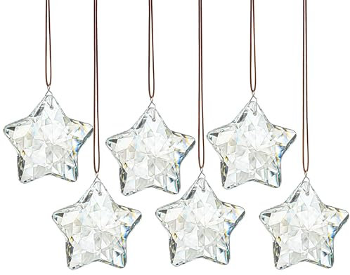 H&D HYALINE & DORA Set di 6 ornamenti natalizi in vetro trasparente sfaccettato a forma di stella di Natale, ornamenti da appendere per albero di Natale, inverno, Capodanno, forniture per feste