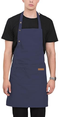 Whnbuij Delantal de, delantal de pintura con 2 bolsillos, correa ajustable, delantal de cocina impermeable para mujeres, hombres y adultos, delantal de trabajo, Azul Marino, Refer to