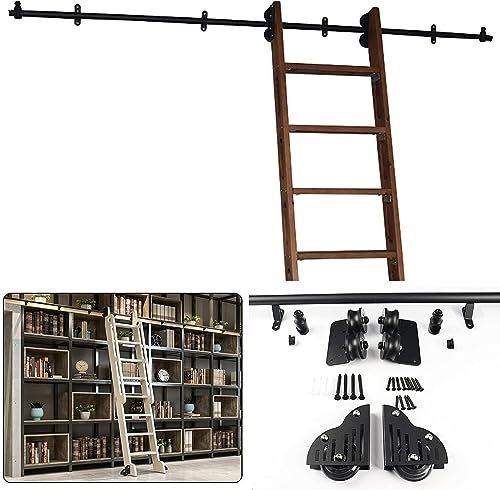 Hardware-Kit für Schiebeleitern für Bibliotheken | Schiebeleiter aus rundem Rohr aus Karbonstahl | Rollschienensystem mit Rollen, robuste Schiene für interne Schiebetüren aus Holz im Scheune