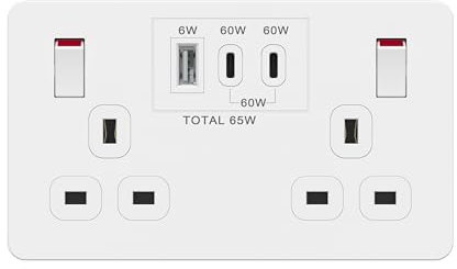 LIDER 2-Gang Switched 13A Socket with USB TYPE C & A, Power Delivery Fast Charging Wall Socket, Total Output 65W, PD 60W Max USB-C Output, Child Safe, Glossy Finish, White (Use a 35mm-deep back box)