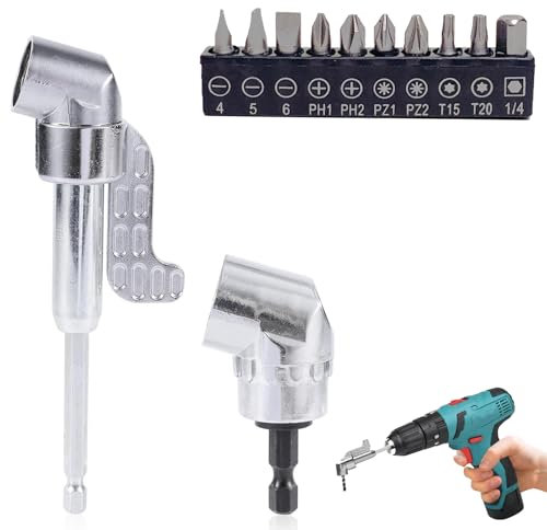 Right Angle Drill Attachment, 90 Degree Drill Adaptor with Short and Long Adapters, Includes 10 Screwdriver Bits for Tight Spaces, Ideal for DIY and Professional Use (6cm and 14cm)