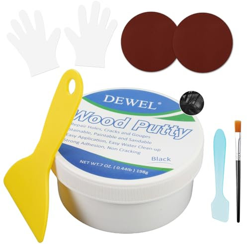 DEWEL Holzkitt Reparaturset - Holzkitt Schwarz 200g Reparaturspachtel Wasserbasis - Löchern und Rissen