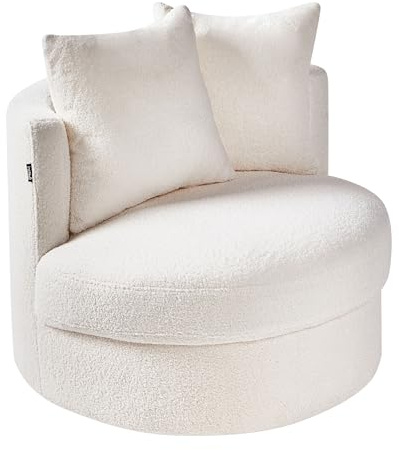 Beliani Poltrona moderna Glam con schienale rotondo Base girevole in boucle con due cuscini Bianca