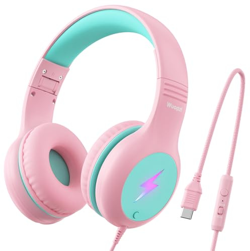 Kids USB C Headphones for School, Safe Listening Wired Over-Ear Headphones | with LED Lights, Volume Limiter & Microphone, Foldable Design for iPhone 16 / 17, iPad, Tablet