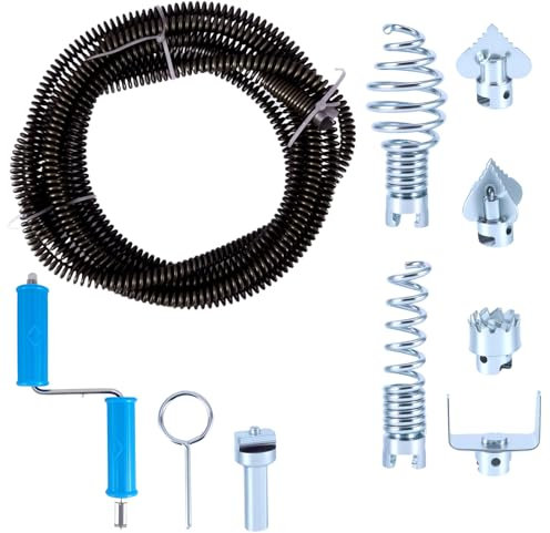 5m Rohrreinigungsspirale, Spiraldurchmesser 12mm, Abflussreiniger Spirale mit Elektrisch Und Manuellen Adaptern, Spirale Abfluss Rohrreinigung mit 6 Abflussreiniger Schneidkopf für Badezimmer Küche