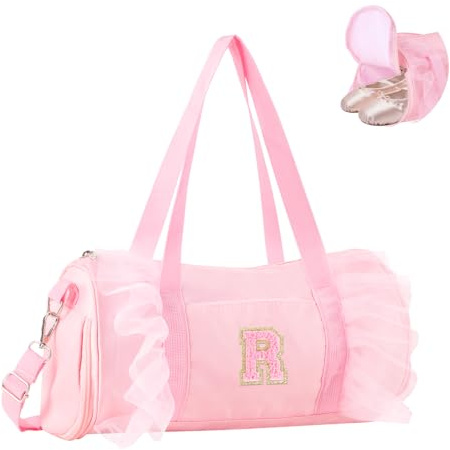 Personalized Initial Dance Bag for Girls 4-6, Small Lace Gym Sport Yoga Cheer Dance Bags Gift for Teen Girls, Cute Letter Kids Ballet Bag Toddler Travel Duffel Tote with Adjustable Straps(Pink-R)
