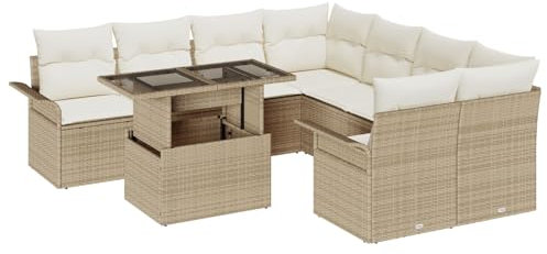 vidaXL 9-delars trädgårdsoffas med kuddar i beige poly rattan