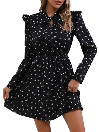 SweatyRocks Damen Kleid Kurze Herbstkleid Blümchenmuster Kleider Langarm Minikleid mit Rüschen Elegant Damenkleider Blumenkleid Freizeitkleid Schwarz L