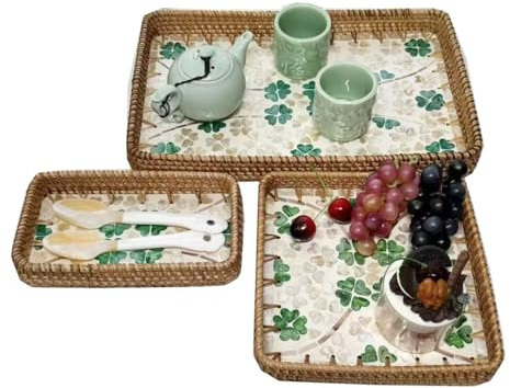 Dekorative Tabletts aus Rattan mit Muschel Mosaik Set of 3 - Kerzenteller mit Rand - Rechteckig Deko Tablett für Schale Servier Teller