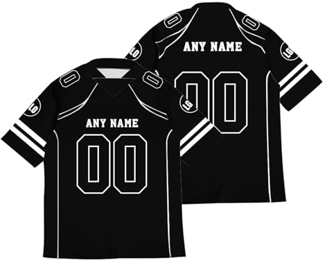 Personnalisé Sport Maillots de Football Américain avec Logo Nom et Numéro de l'équipe Personnalisable Jerseys pour Hommes Femmes Jeunes Préscolaires Manches Courtes à Séchage Rapide Noir
